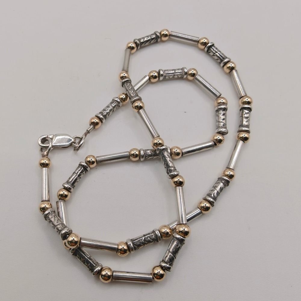 Two Tone Sterling Silver Gold Bead Bar Link Necklace 16 Inch Mixed Metal